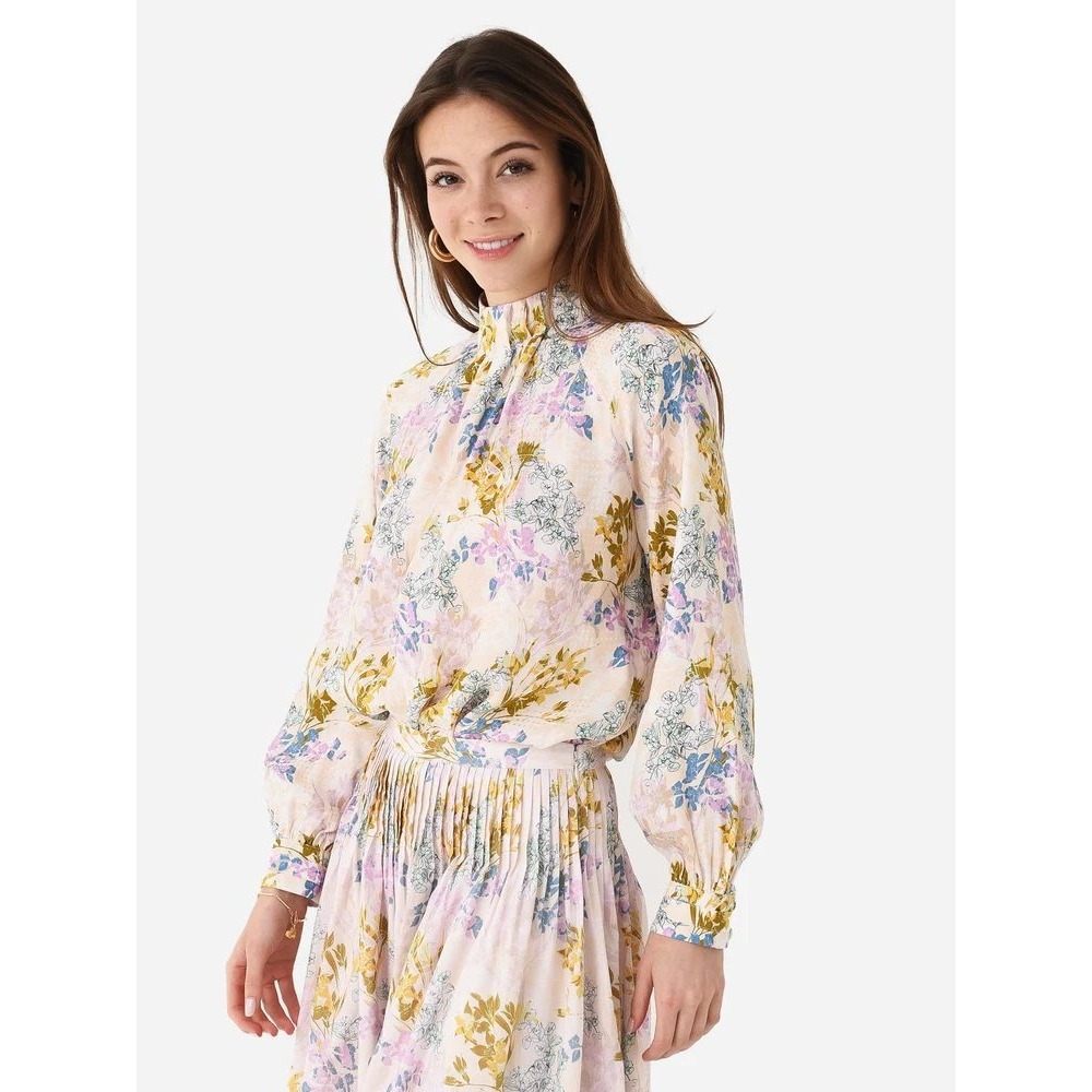 Hunter Bell New York Silk Floral Mock Neck Pleated Blouse Multicolor Small